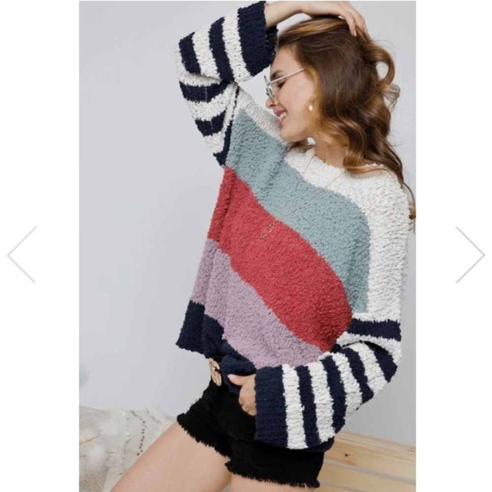 Newberry Kustoms Color Block Striped Fuzzy Knit Chunky Knit Pullover Sweater S/M